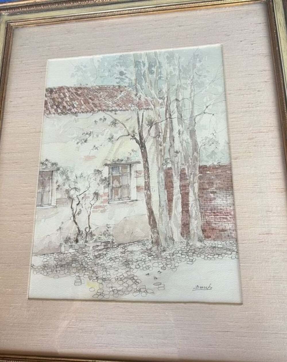 William Benecke Original Watercolor Painting of a Country House with Trees Frame